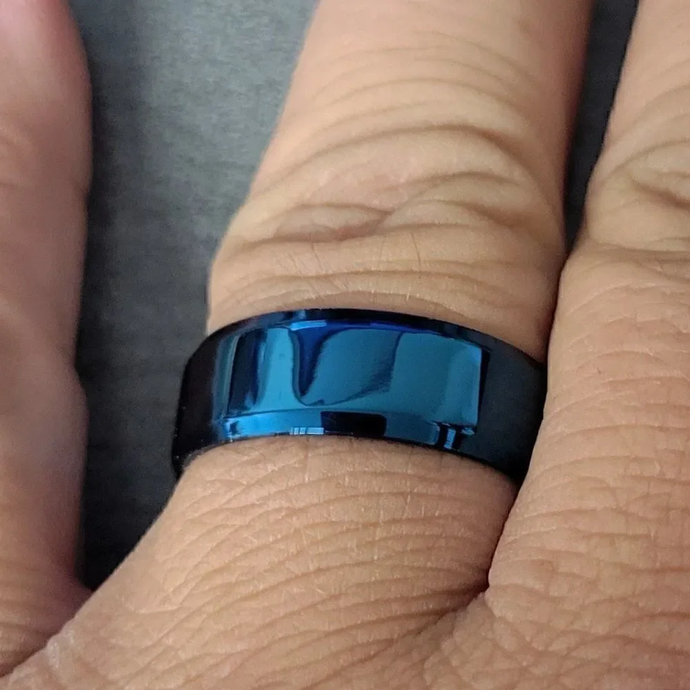 Personalized Men's Wedding Ring - Engraved Matte Blue Wedding Ring For Guys - Picture 2 of 9